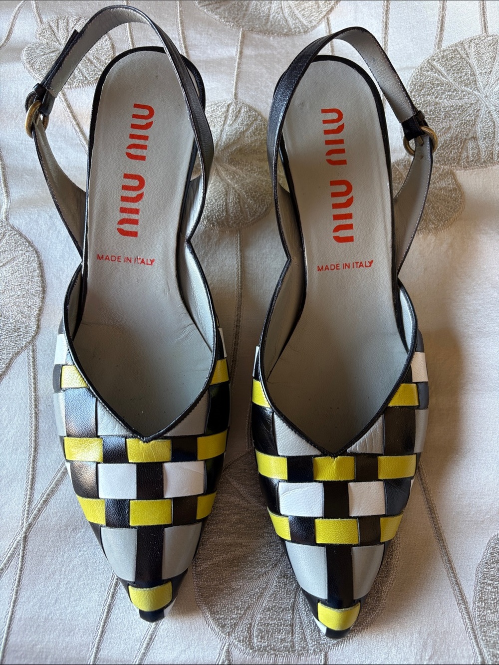 Miu Miu Black White Yellow Woven Slingback Pointed Pumps - Made in Italy
